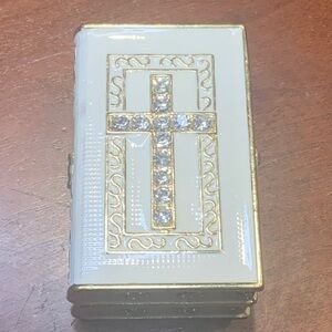 White and Gold Holy Bible Enameled Trinket Box With Rhinestones Cross
